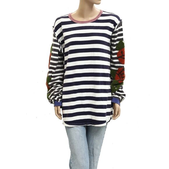 Free People We The Free Rose Stem Tee Tunic Top Embroidered Striped S NEW 283225 - Picture 5 of 8